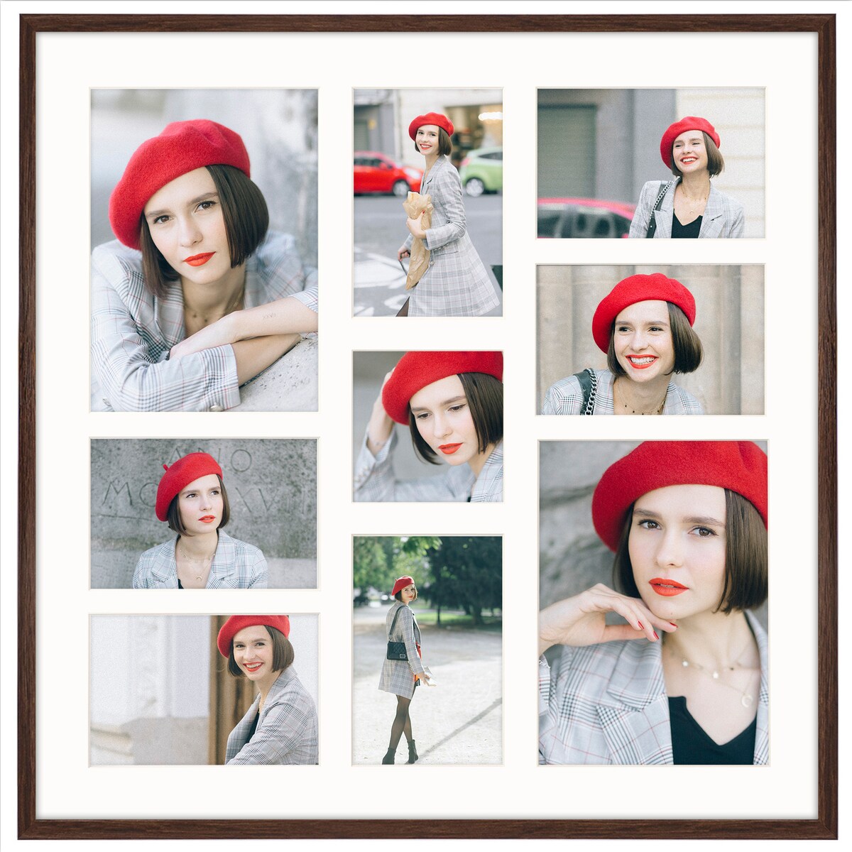 Ramka na zdjęcia 1x 10x10 6x 10x15 2x 15x21 brązowa galeria na 9 zdjęć multirama 50x50 FRAMAI