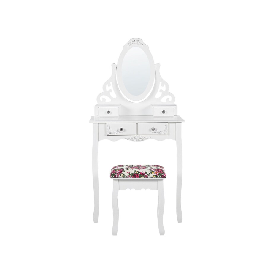 Toaletka 4 szuflady owalne lustro i stołek biała AMOUR