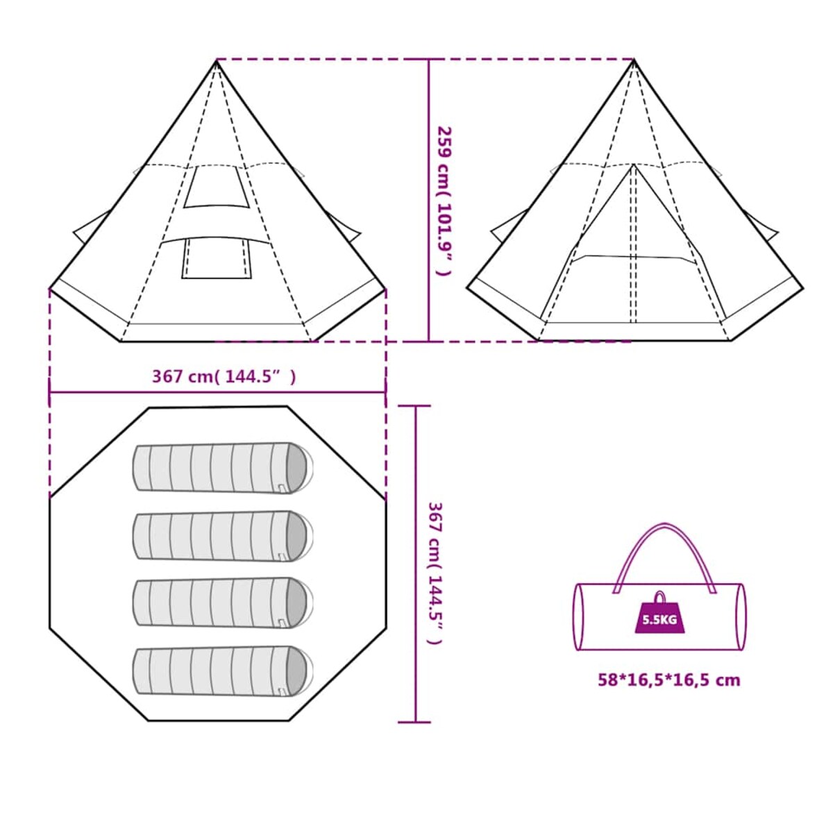 vidaXL Namiot turystyczny, tipi, 4-os., zielony, wodoszczelny