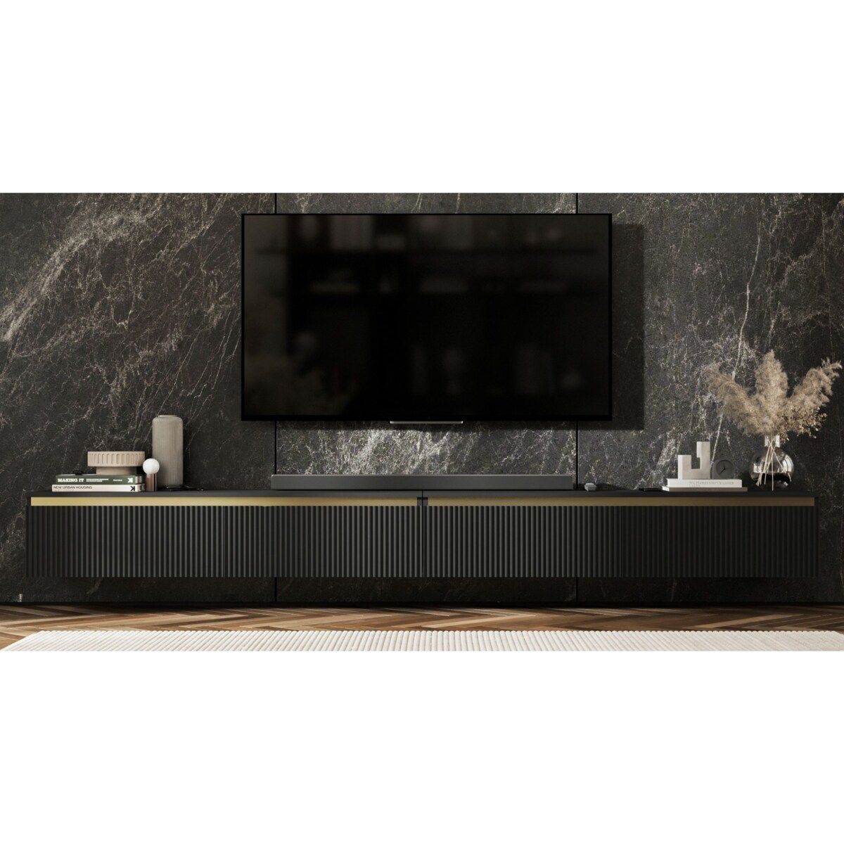 Wisząca Szafka RTV Glamour Komoda RTV Czarny Mat 280 cm ryflowane fronty