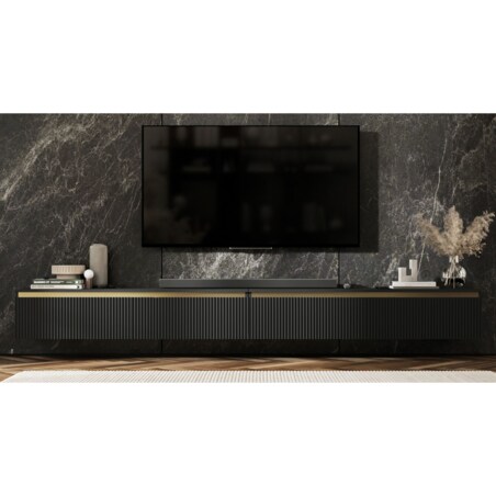 Wisząca Szafka RTV Glamour Komoda RTV Czarny Mat 280 cm ryflowane fronty