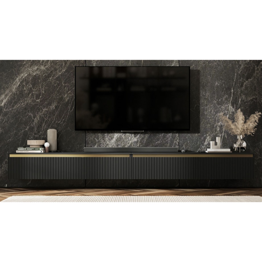Wisząca Szafka RTV Glamour Komoda RTV Czarny Mat 280 cm ryflowane fronty