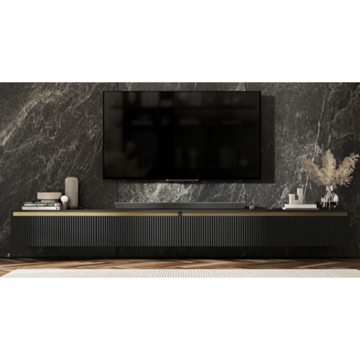 Wisząca Szafka RTV Glamour Komoda RTV Czarny Mat 280 cm ryflowane fronty