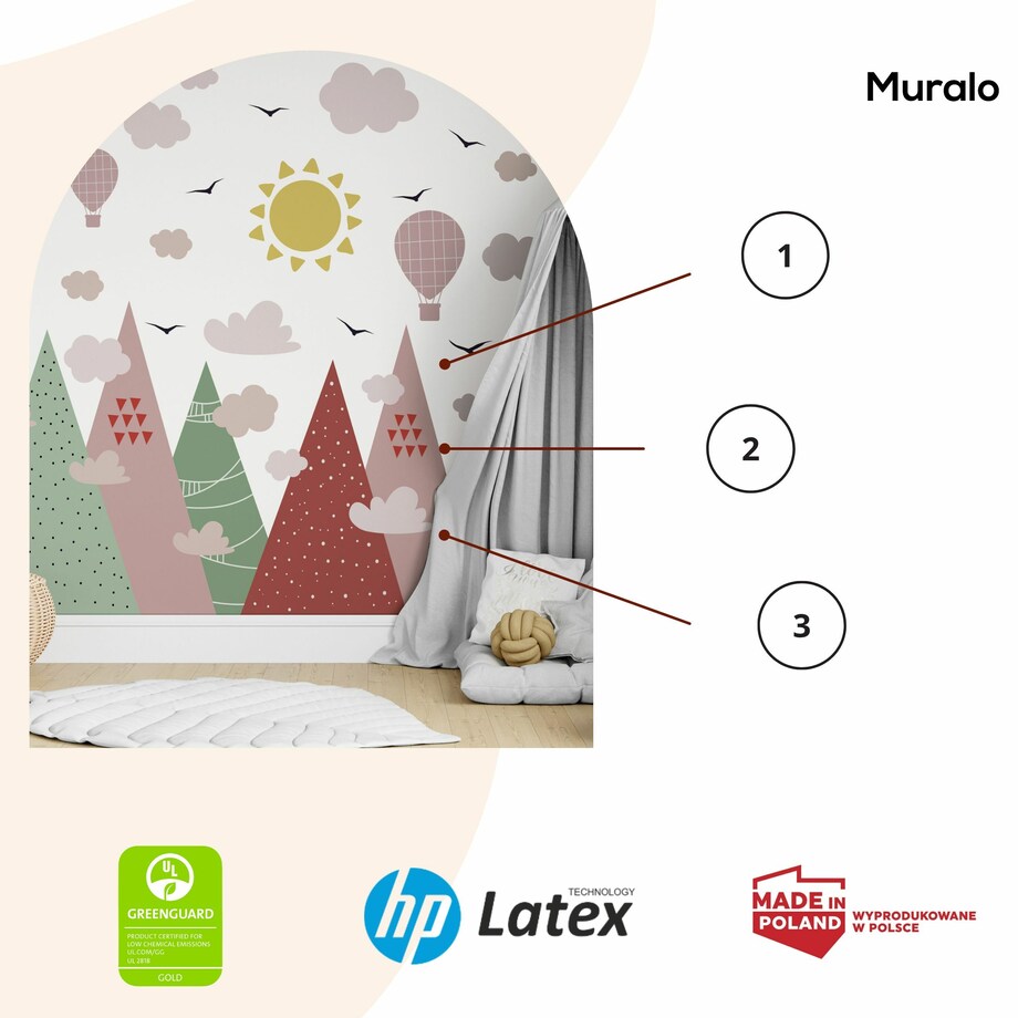 NAKLEJKI ŚCIENNE DLA DZIECI GÓRY STYL BOHO CHMURKI BALONY PTAKI ZESTAW