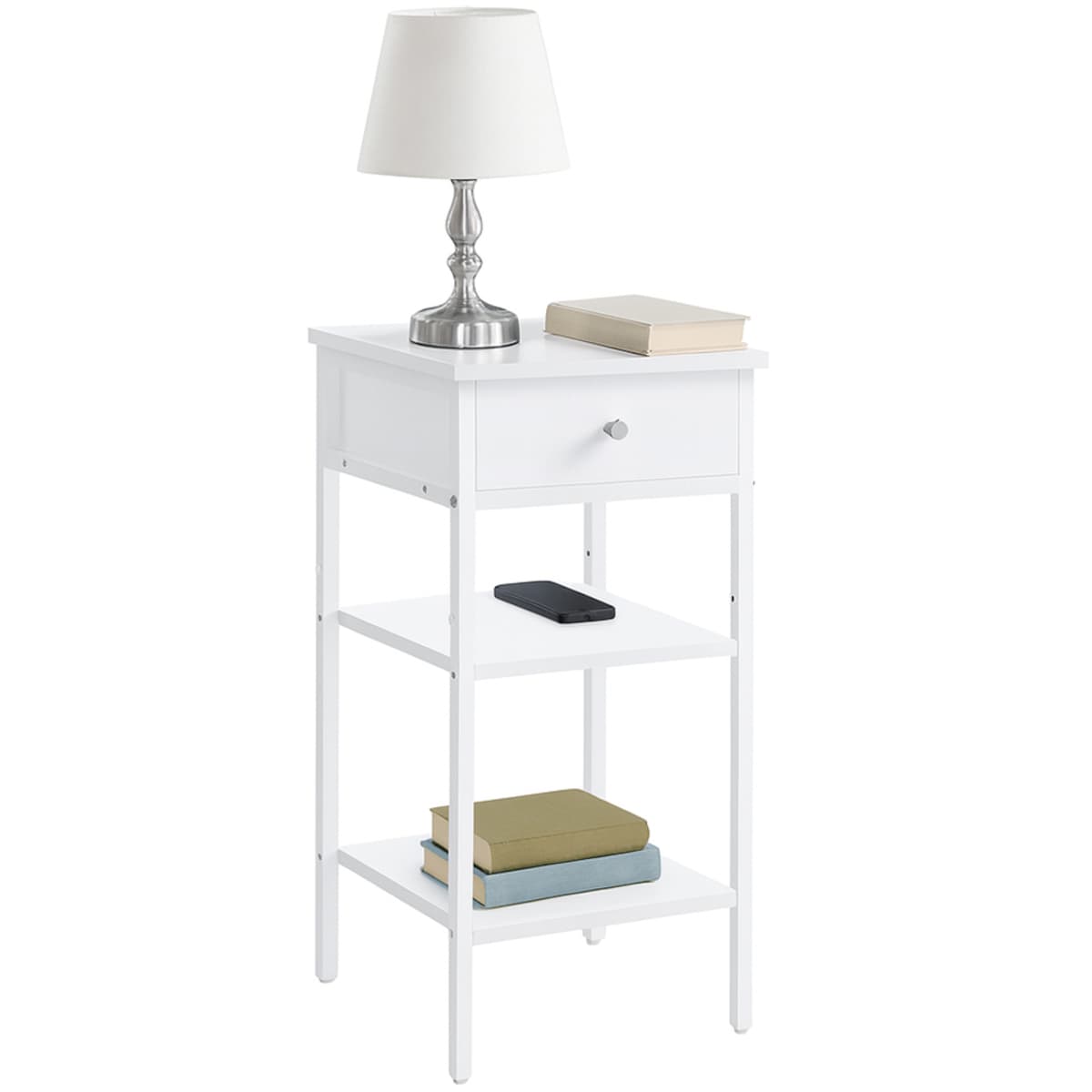 SZAFKA NOCNA Z SZUFLADĄ NOWOCZESNY STOLIK Z PÓŁKAMI - BIAŁA