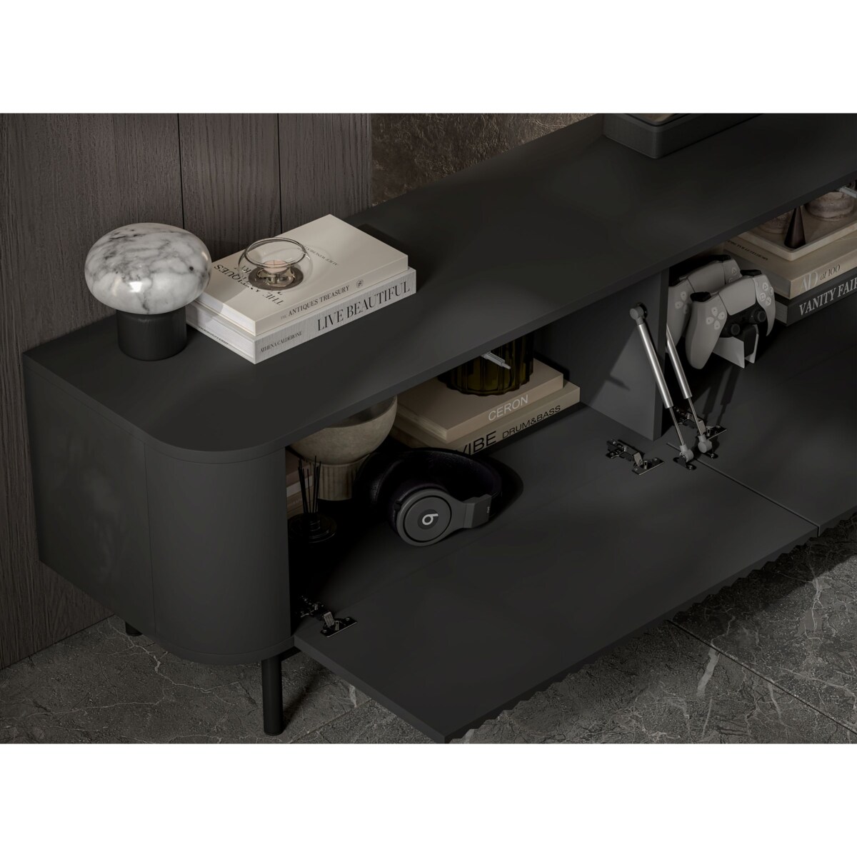 Szafka RTV Komoda RTV 280 cm Glamour Czarny Mat Czarny Stelaż