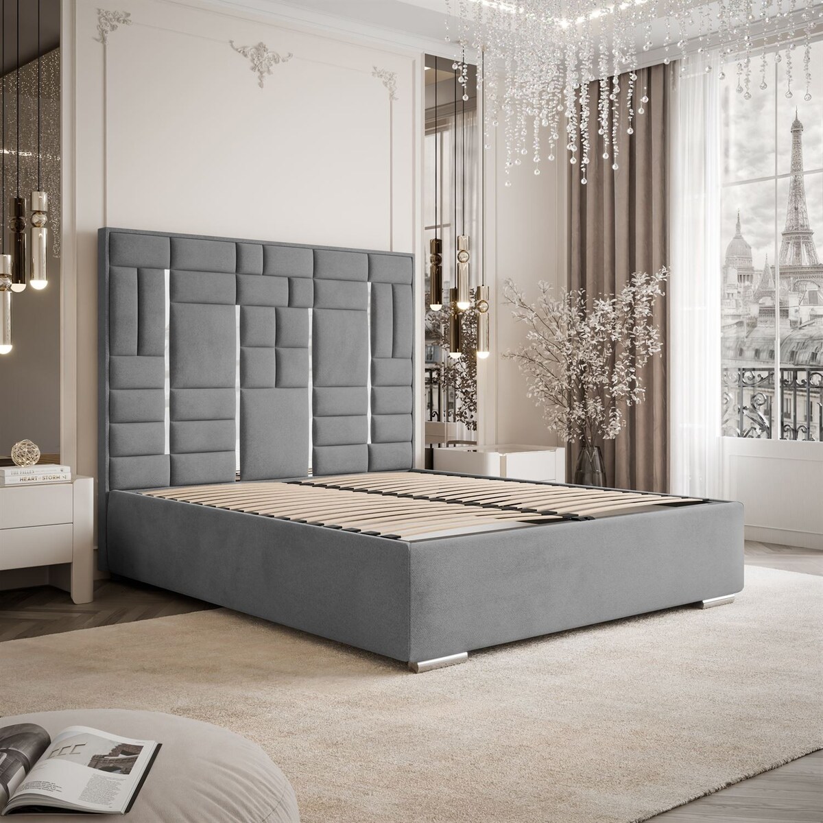 Łóżko tapicerowane BRIGITTE SILVER, pojemnik na pościel, s34, 140x200, Element 23