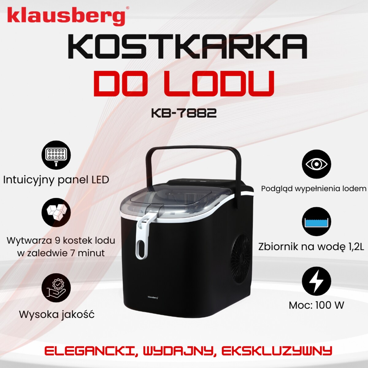 Kostkarka do lodu automatyczna 1.2L 0.6kg 100W LED KLAUSBERG