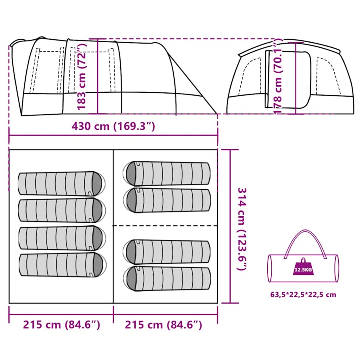 vidaXL Namiot rodzinny, tunelowy, 8-os., niebieski, wodoszczelny