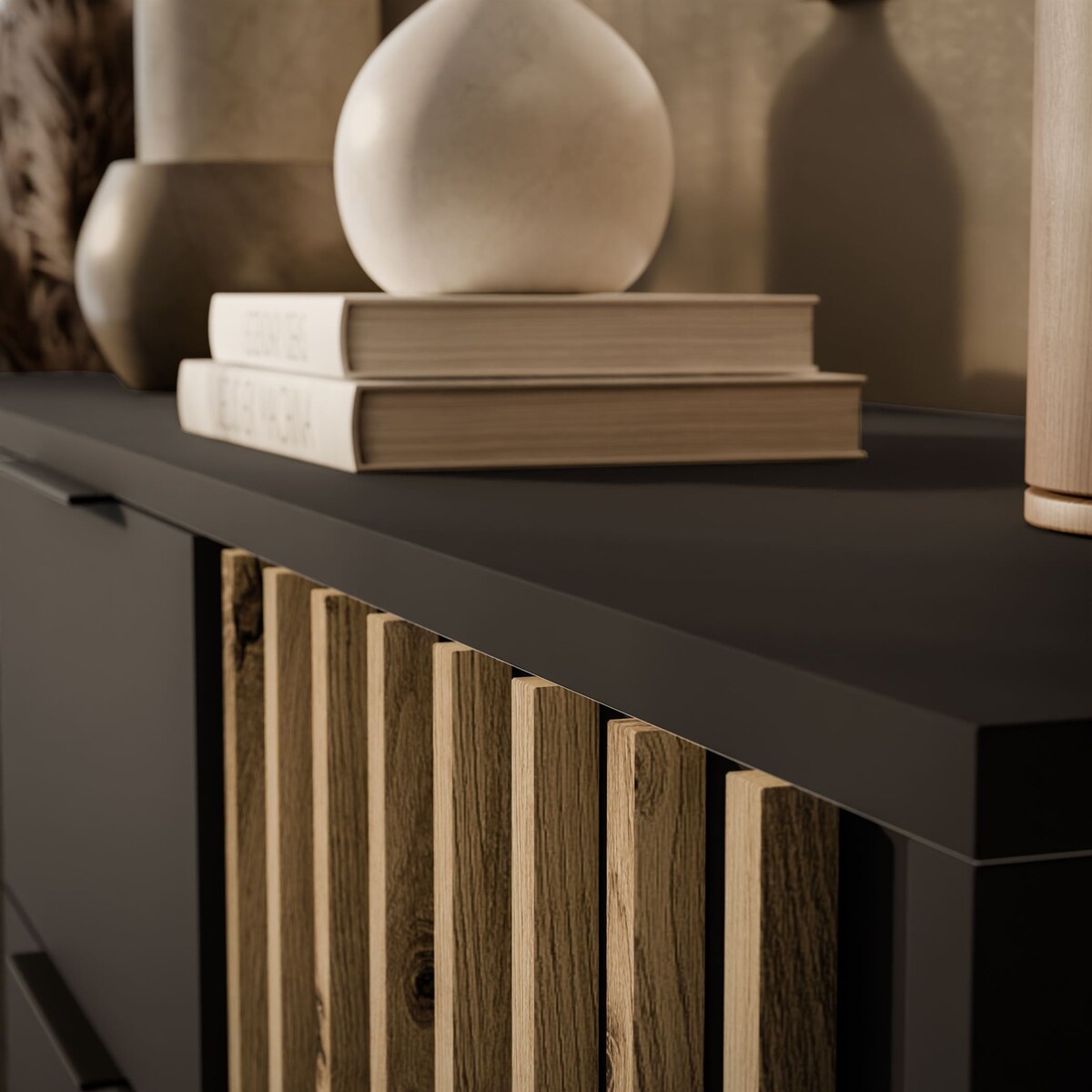 Dwudrzwiowa komoda NELA z lamelami, grafit + dąb artisan