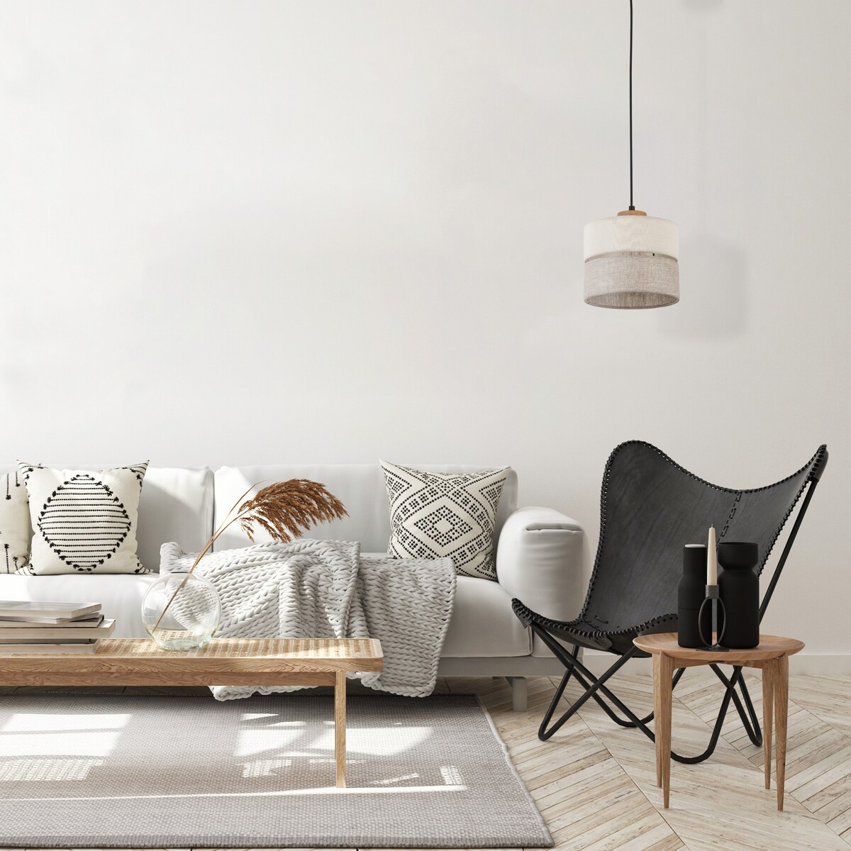 Lampa wisząca TK Lighting ECO 5770, szaro-beżowy abażur, drewno i czarny metal, regulowana wysokość, E27