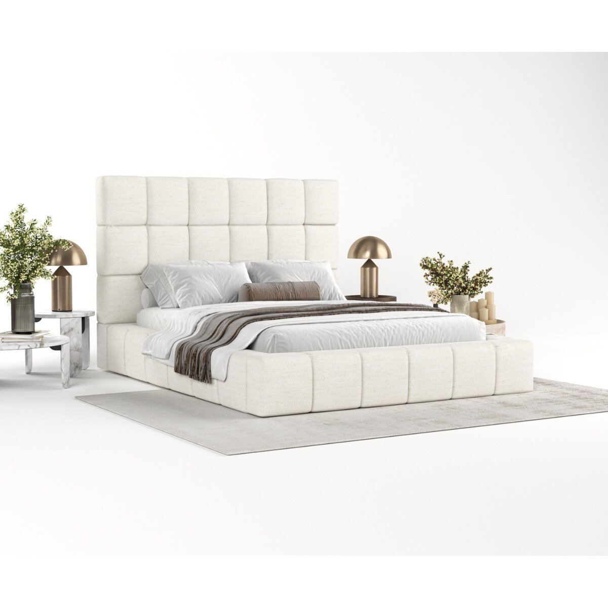 Łóżko tapicerowane SKIATHOS 200x200 z pojemnikiem, Kremowy, tkanina Modesto 492