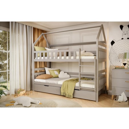 Łóżko piętrowe domek FELIKS 200x90 szare drewniane