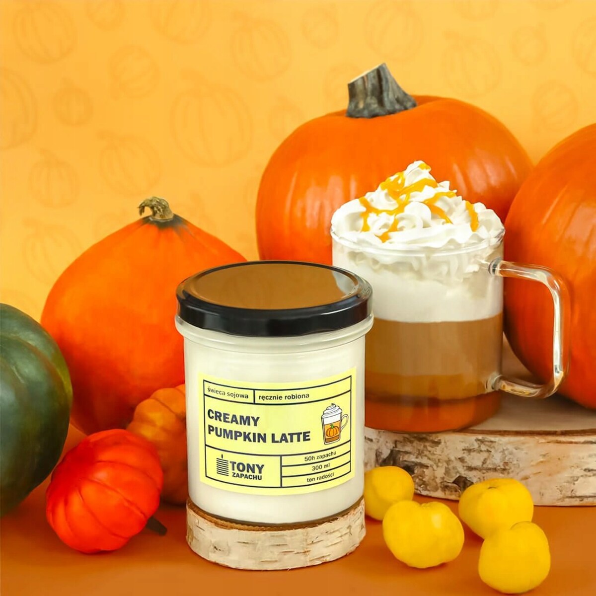 Naturalna ręcznie robiona świeca sojowa zapachowa w szkle DYNIOWE LATTE 50h palenia 300ml - prezent upominek dla kobiety mamy dziewczyny żony babci niej