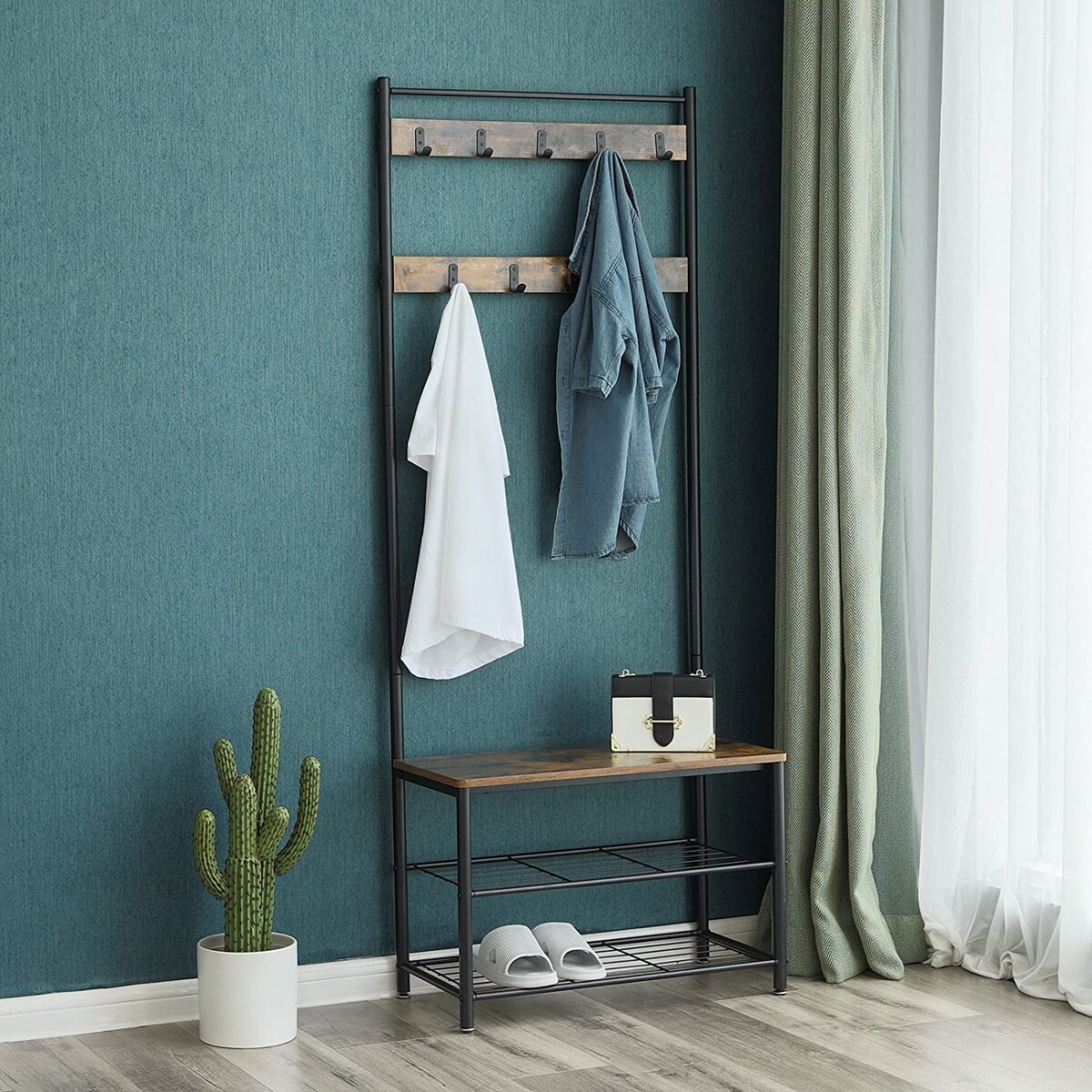 Wieszak Stojak Na Ubrania 70X32X175 Cm Rustykalny Brąz, Czarny