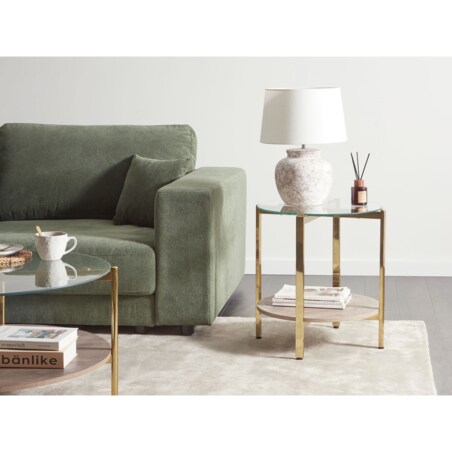 Stolik pomocniczy szklany jasne drewno ze złotym LOVELL