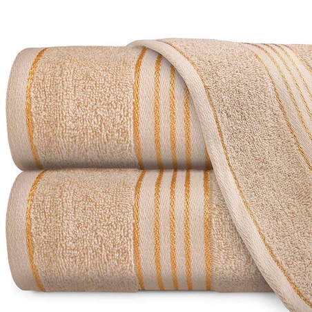 Ręcznik do rąk 30x50 cm bawełniany kolor beżowy z bordiurą w złote paski 500 g/m2 TIWANO