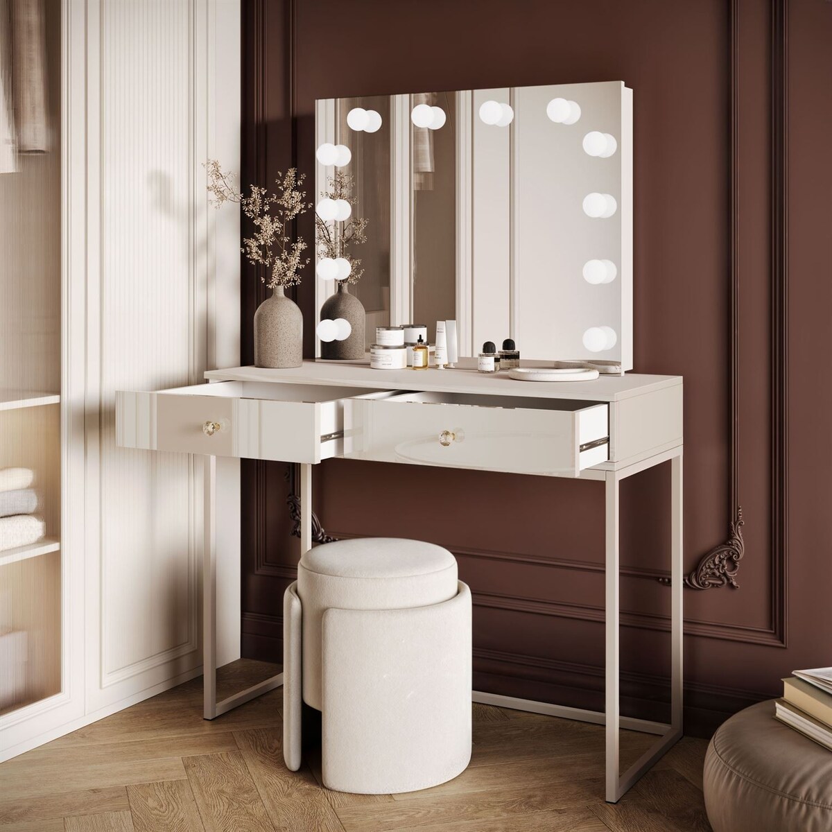 Toaletka kosmetyczna BLANCO KASZMIR ELITE z lustrem i oświetleniem na kaszmirowym stelażu, uchwyt biały kryształ