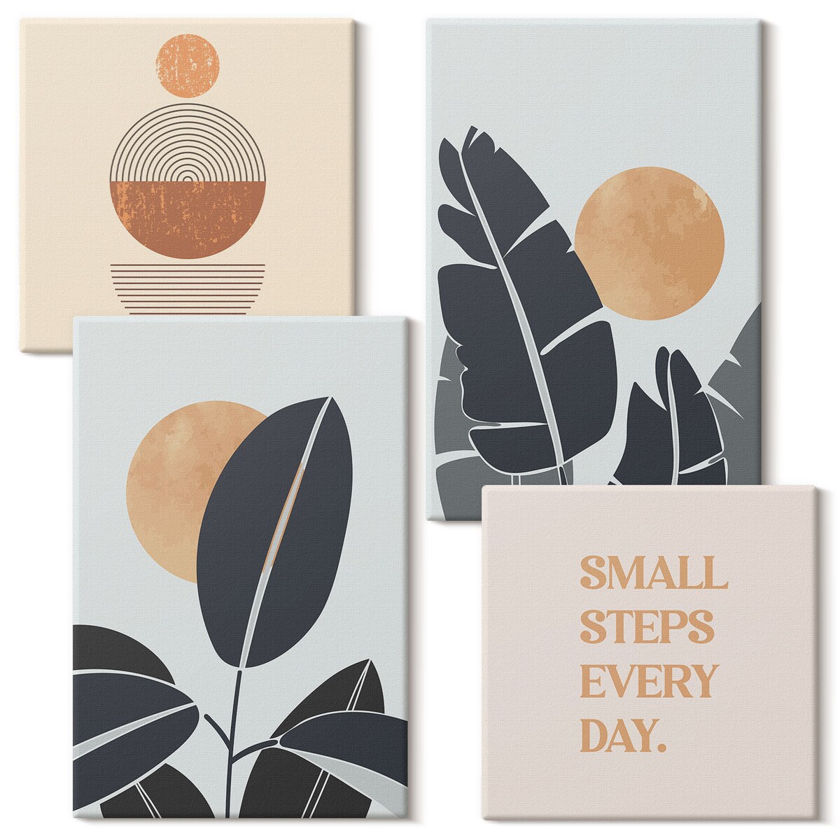 Zestaw 4 obrazów na płótnie - Roślinne wzory duże słońca minimalistyczne - pomarańczowy