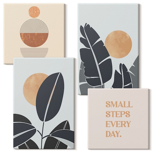 Zestaw 4 obrazów na płótnie - Roślinne wzory duże słońca minimalistyczne - pomarańczowy