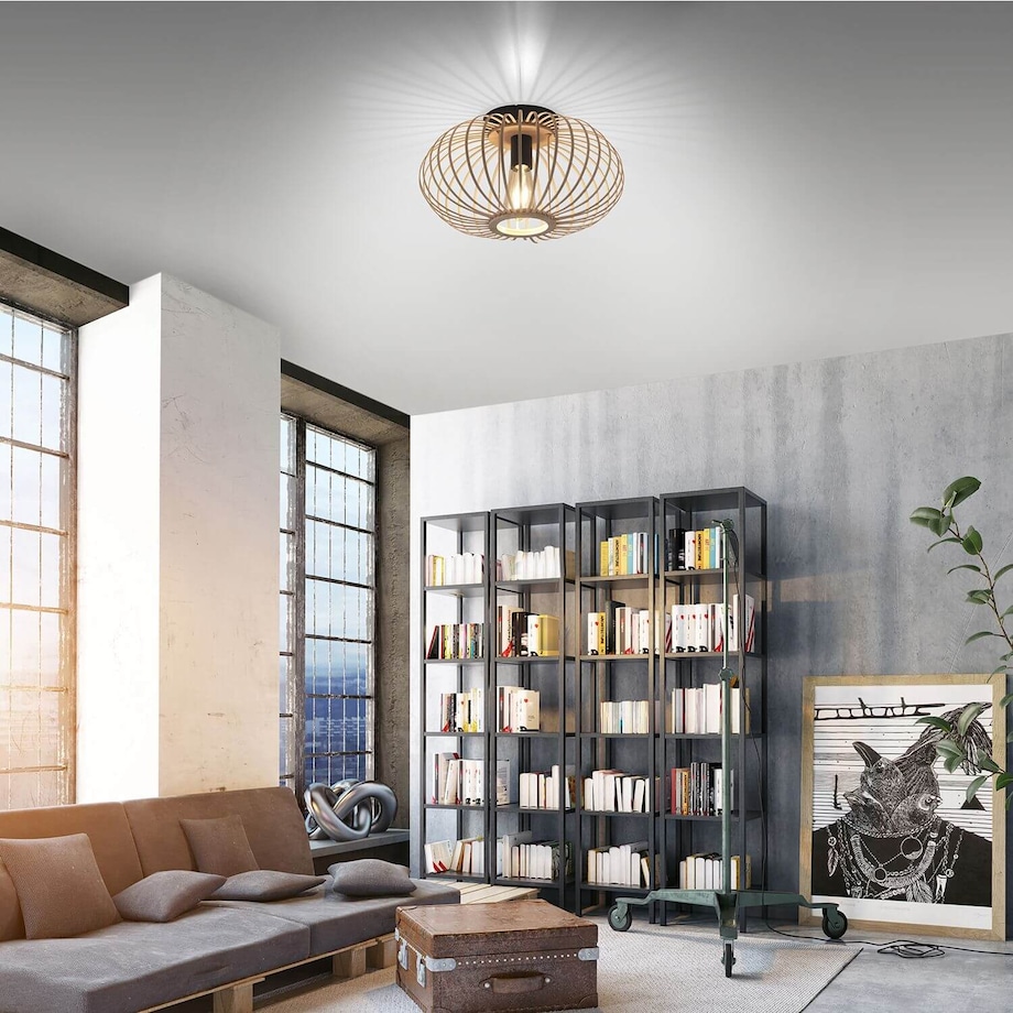 Skandynawska lampa sufitowa Racoon okrągła do salonu drewno