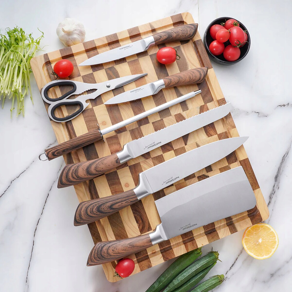 Zestaw Komplet Noży Kuchennych W Stojaku 8 Szt. Ostrzałka Nożyczki Ostre