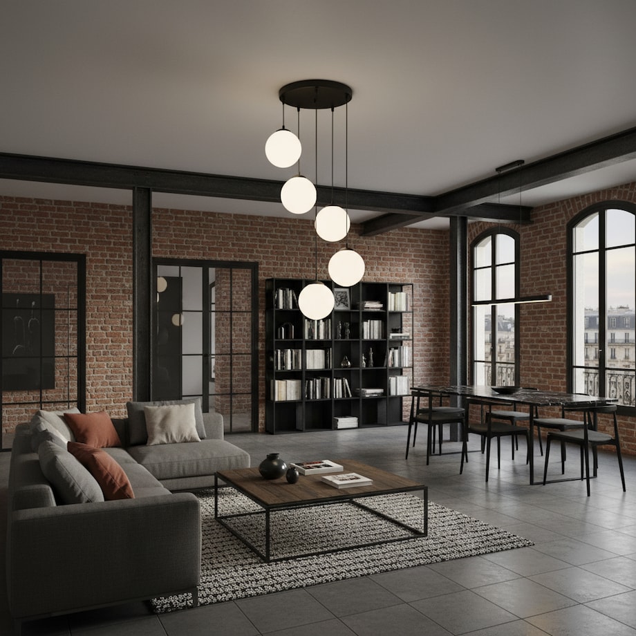lampa wisząca 5 punktowa kaskadowa edylit kule białe czarna
