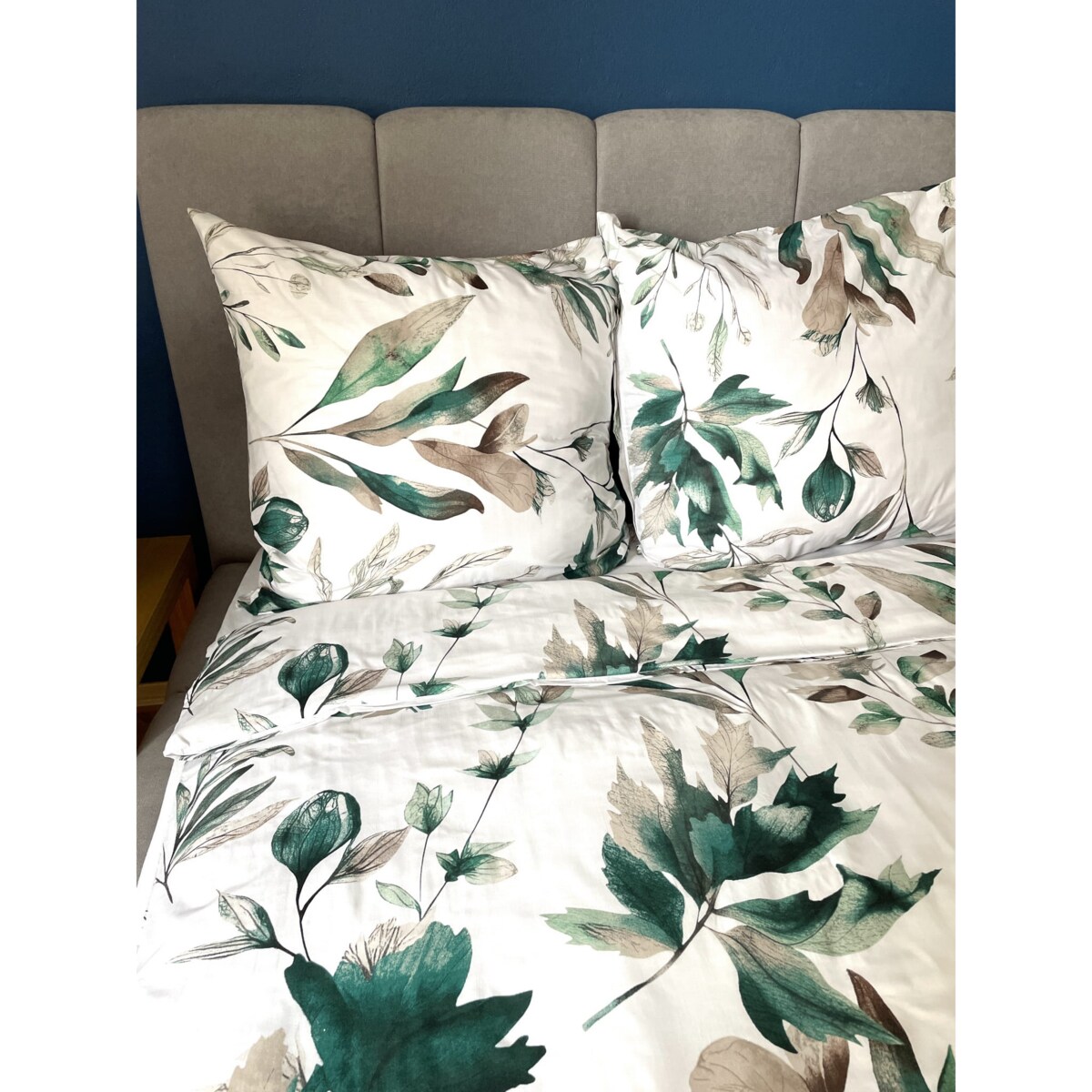 Pościel satynowa 160x200 cm Kwiaty Liście Zielone