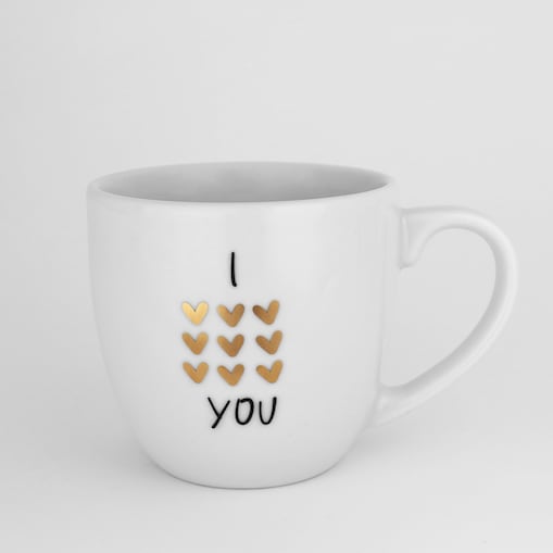 Biały Kubek Porcelanowy 300 ml - Napis I Love You ze Złotymi Sercami dla Zakochanych na Walentynki