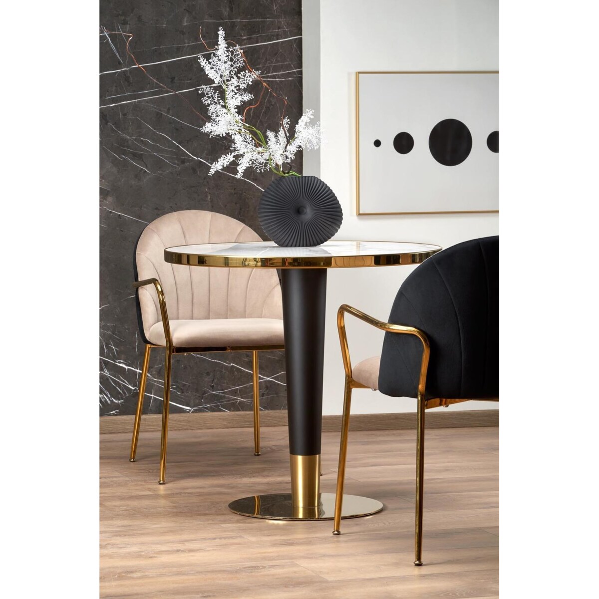 STÓŁ OKRĄGŁY Mosa biały CERAMICZNY BLAT czarno-złota noga