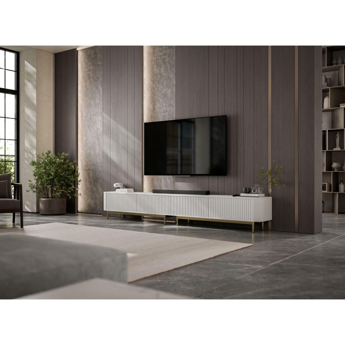 Szafka RTV Komoda RTV 280 cm Glamour Biały Mat Złoty Stelaż