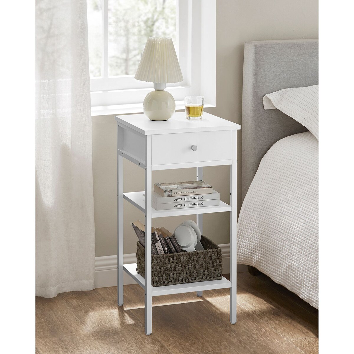 SZAFKA NOCNA Z SZUFLADĄ NOWOCZESNY STOLIK Z PÓŁKAMI - BIAŁA