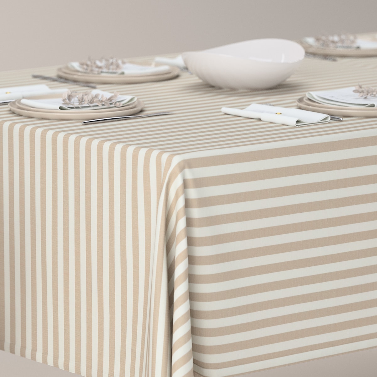 Obrus prostokątny 100 x 100 cm beżowo-białe pasy (1,5cm)