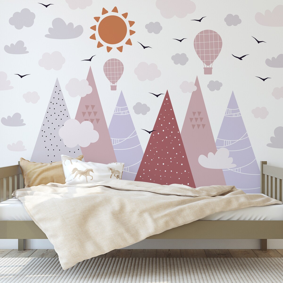 ZESTAW NAKLEJEK NA ŚCIANĘ DLA DZIECI RÓŻOWE GÓRY PTAKI CHMURY STYL BOHO