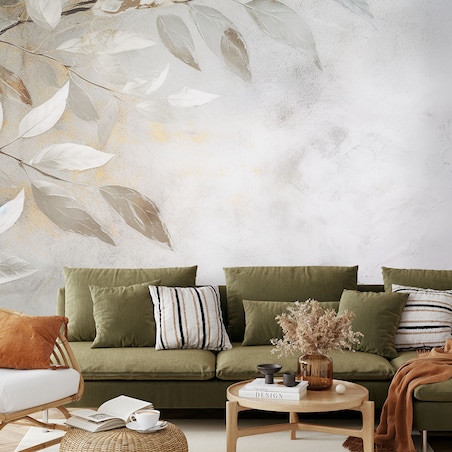 Fototapeta, Beżowe liście gałązki natura beton boho 400x280