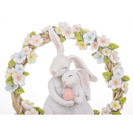 Dekoracja - figurka 2 białe przytulone ZAJĄCZKI w wiosennym wianku