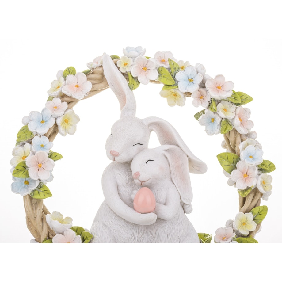 Dekoracja - figurka 2 białe przytulone ZAJĄCZKI w wiosennym wianku