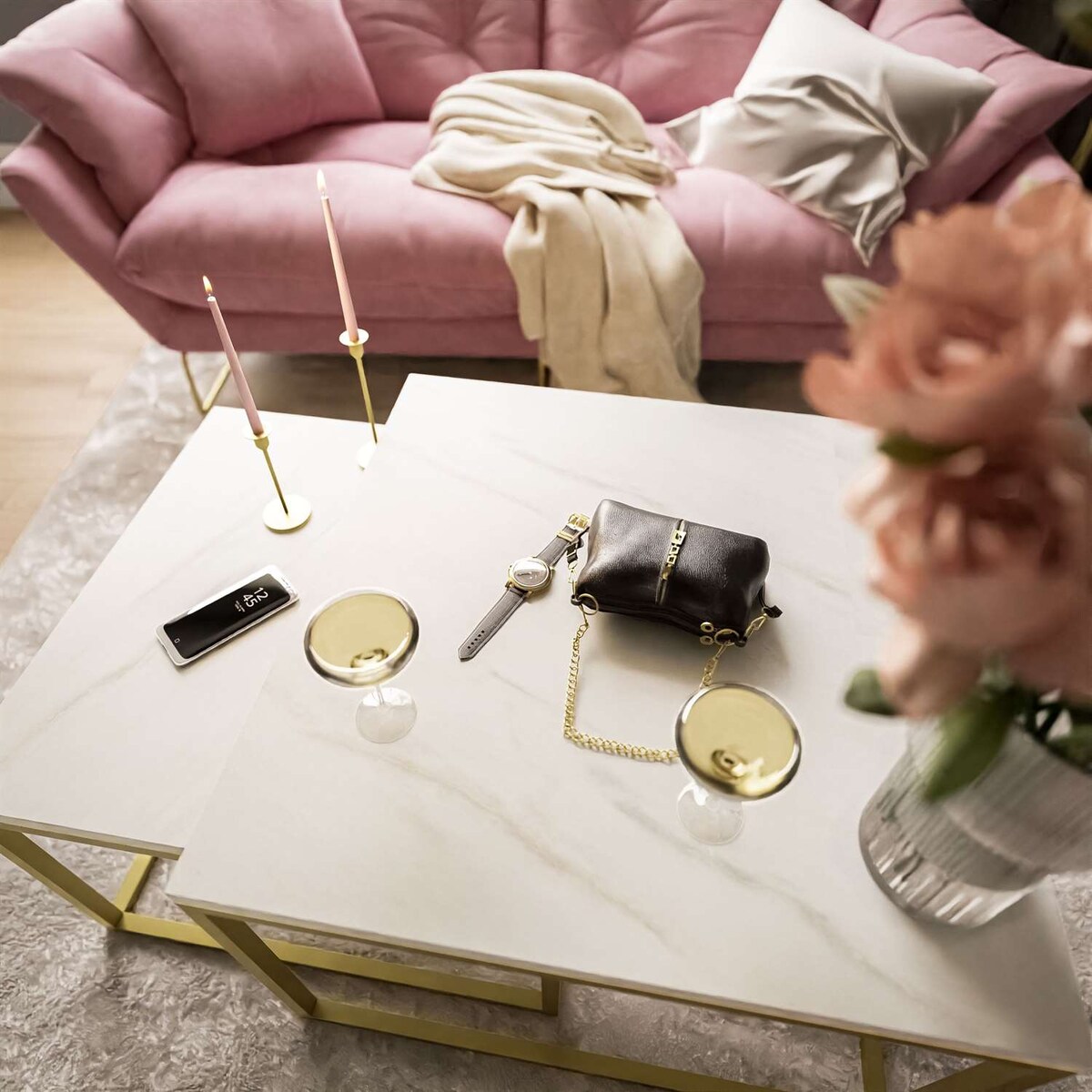 Stolik kawowy ława YOSHI 2w1 złoty mat marmur levanto