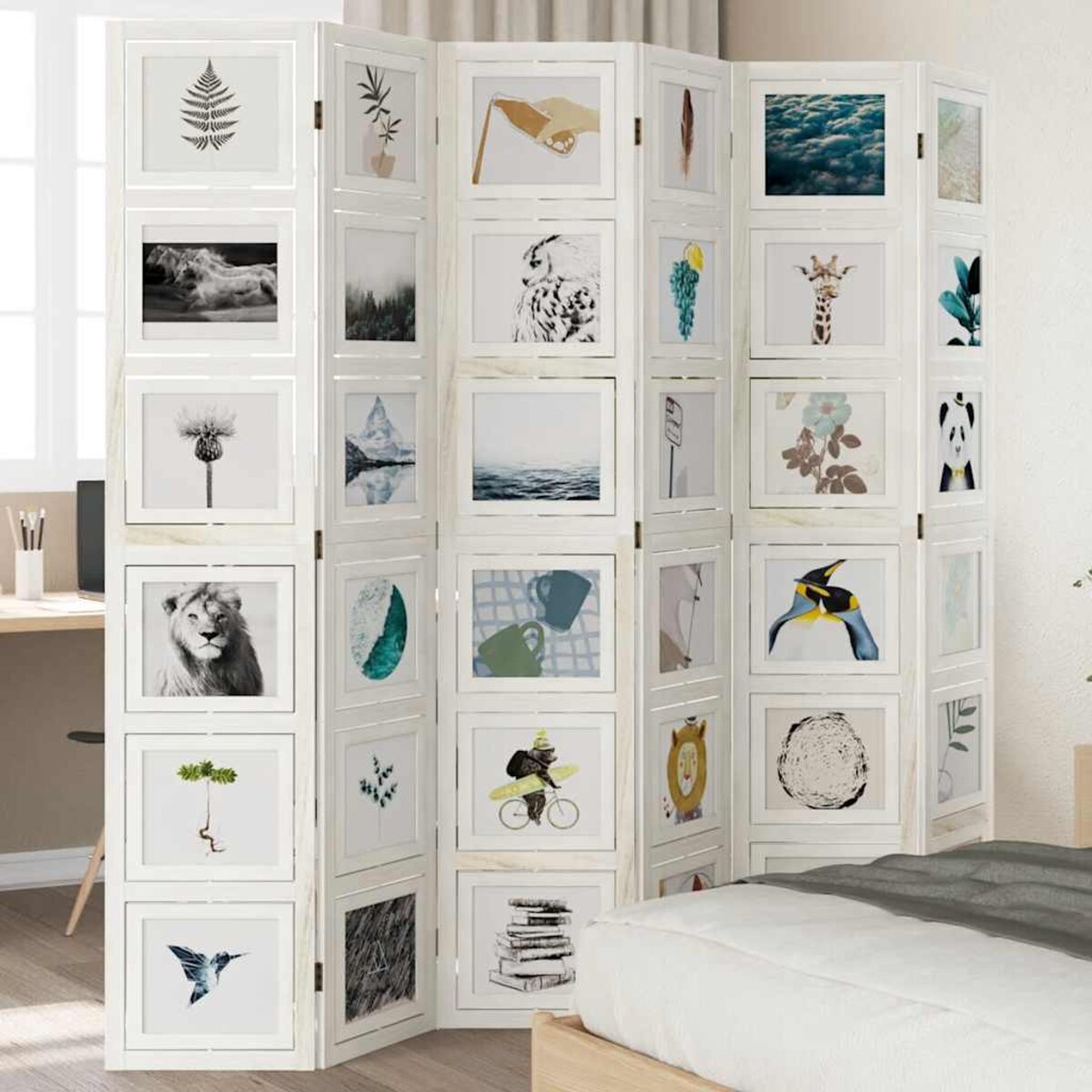 vidaXL Parawan pokojowy, 6-panelowy, biały, lite drewno paulowni