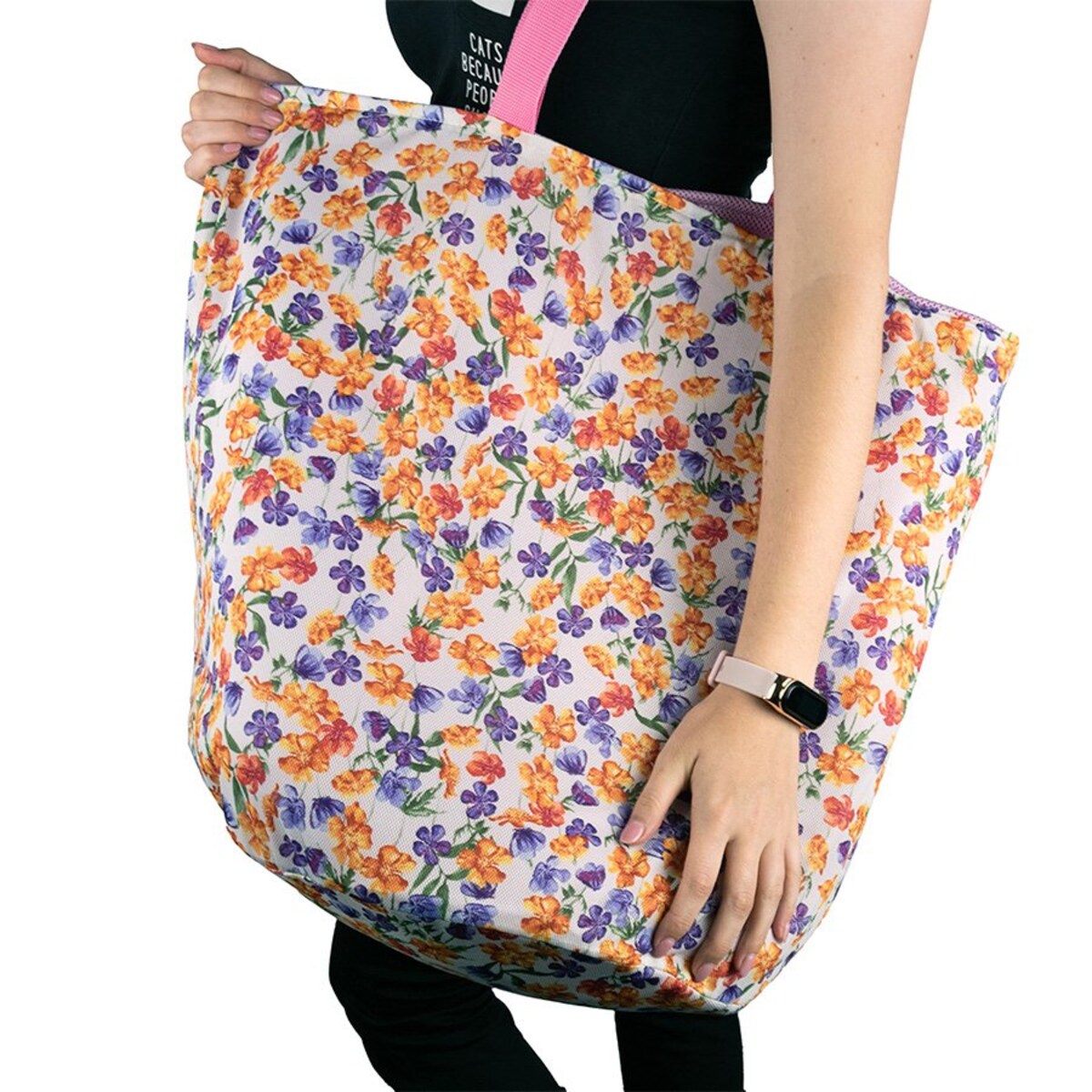 Torba na zakupy z okrągłym spodem, 58x48 różowa ze środkiem kolorowe kwiaty