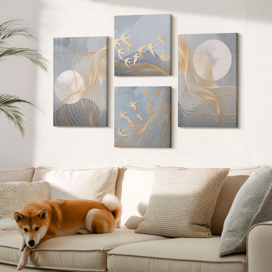 Zestaw 4 obrazów na płótnie - Abstrakcyjne fale okręgi szarość - szary