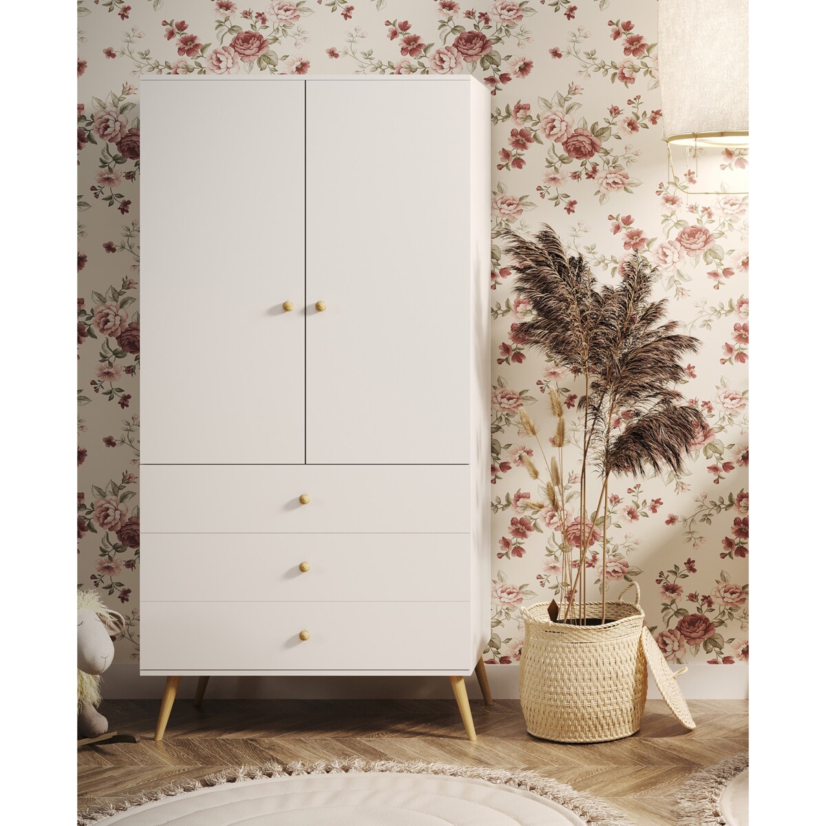 Szafa z szufladami i drążkiem w stylu Boho - Biała