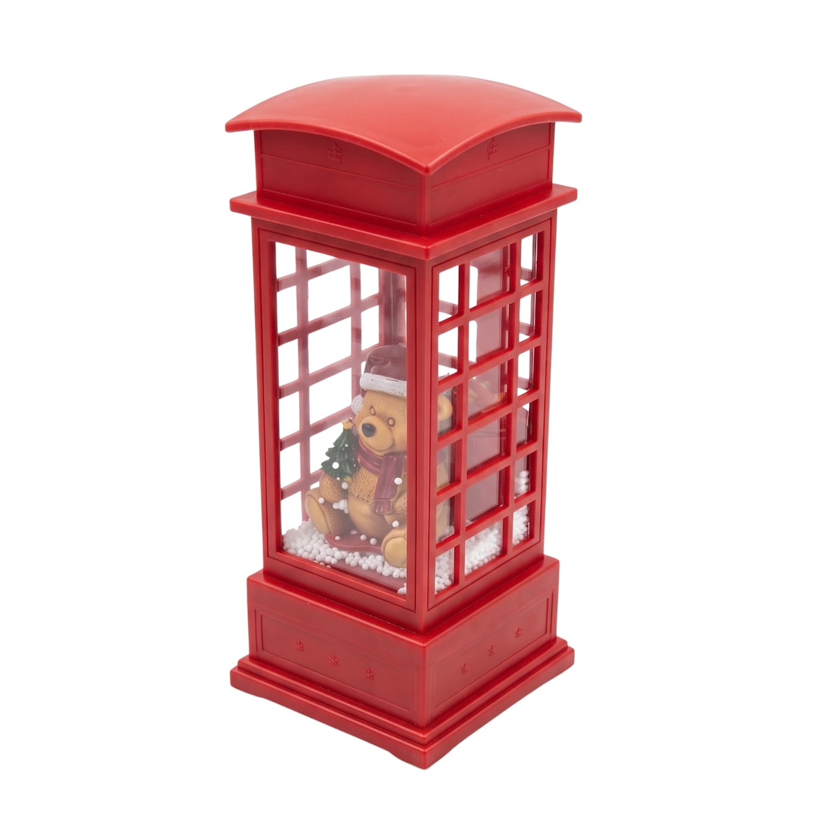 Budka telefoniczna świąteczna z LED, efektem śniegu i melodią, 10,5 x 10,5 x 25 cm