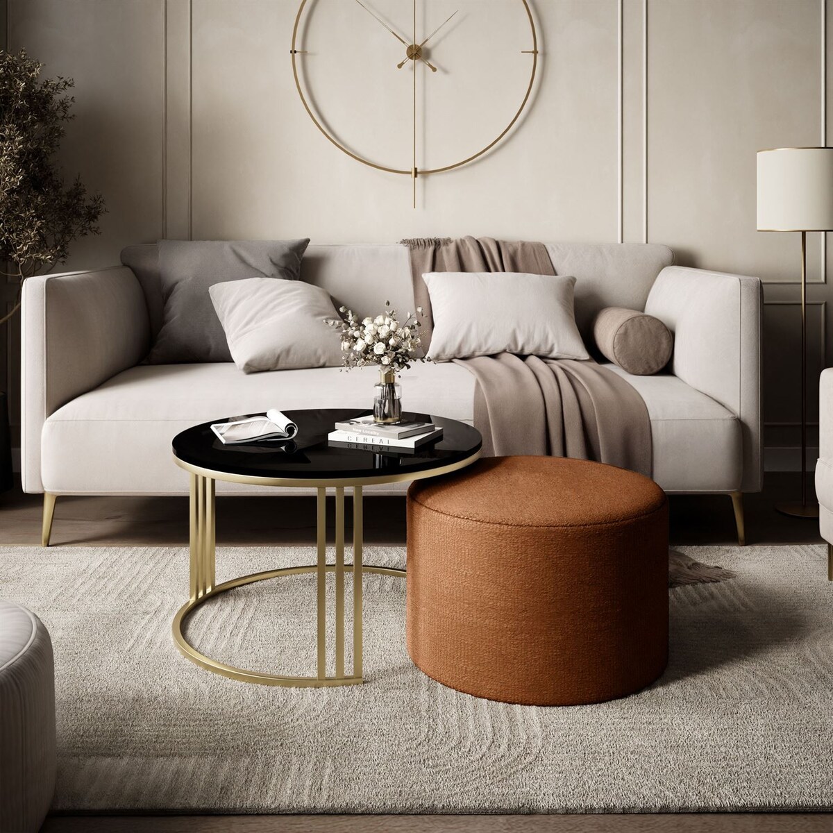 Stolik kawowy z pufą LORI POŁYSK złoto szczotkowane, czarny / Perfect Harmony 52