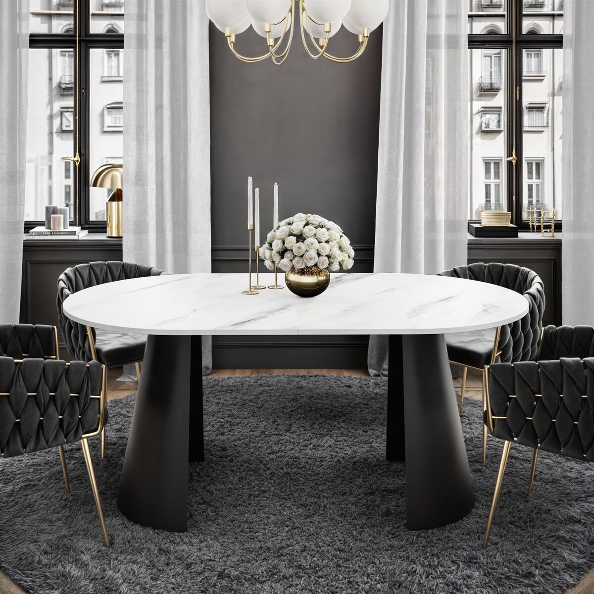 Okrągły stół rozkładany LAVA, średnica 120cm, czarny / Marmur Bianco