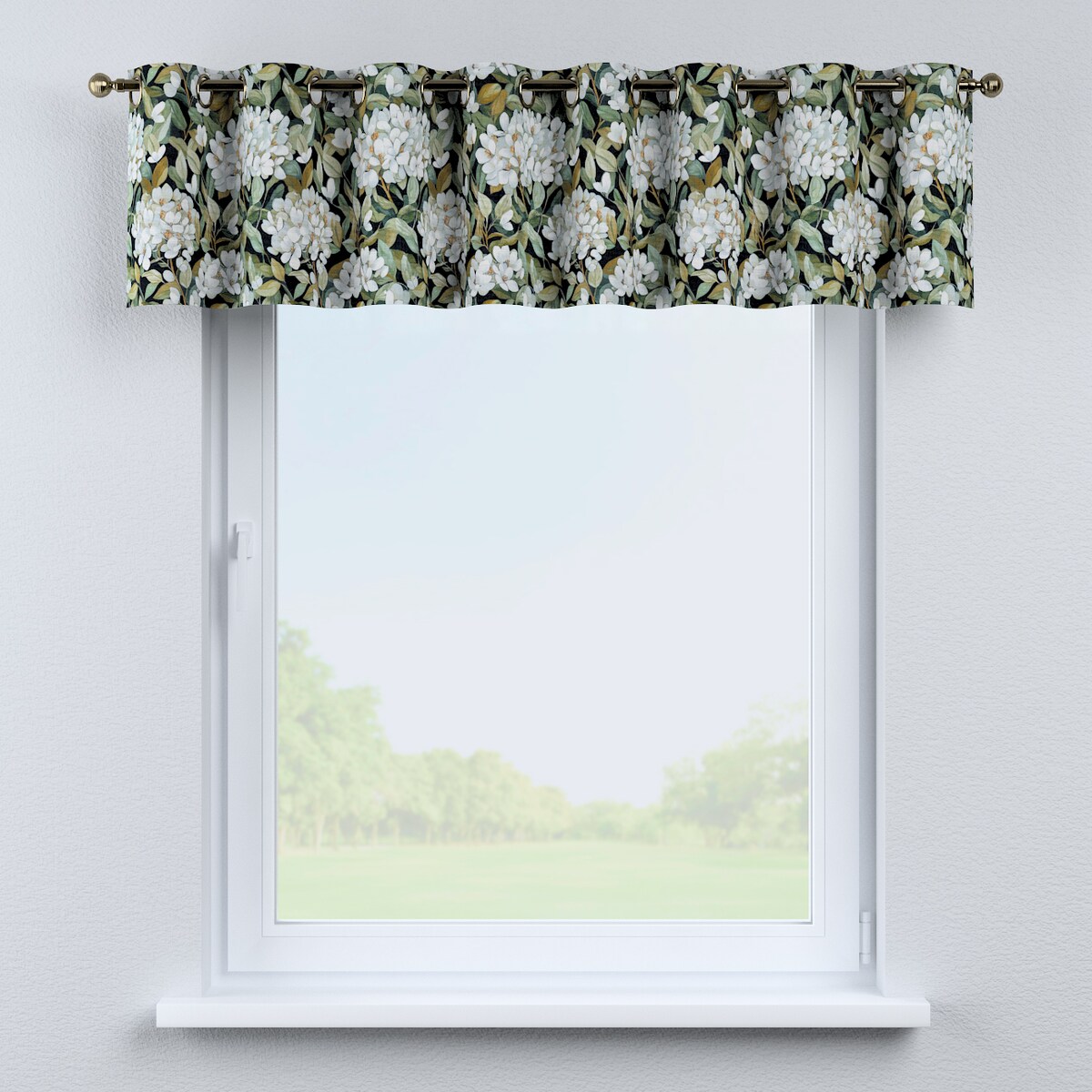 Lambrekin na kółkach 260x40 jasne kwiaty na czarnym tle