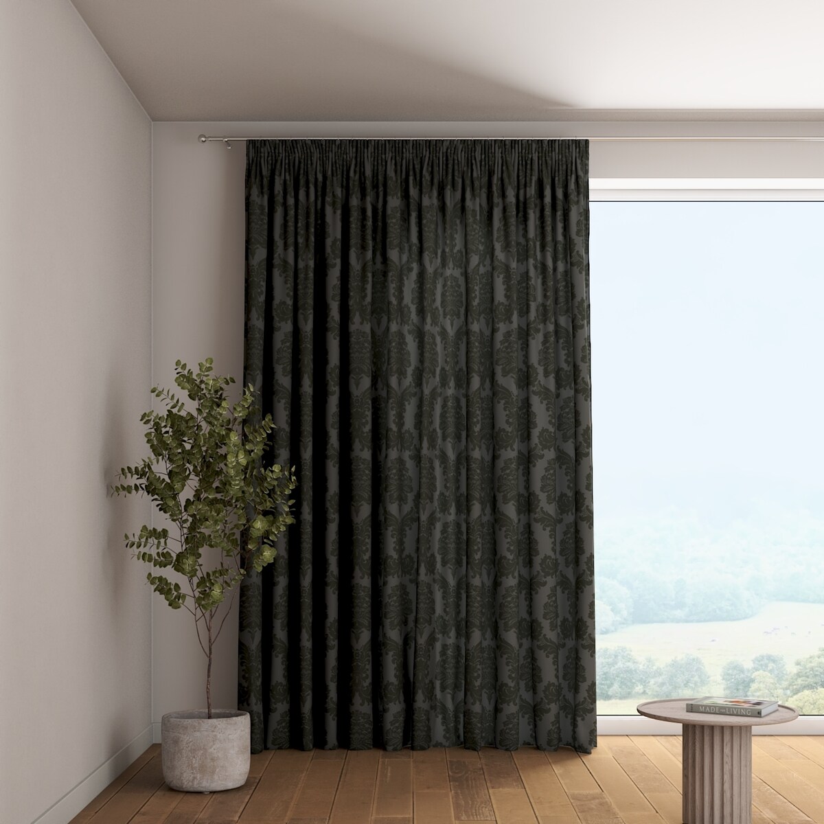 Zasłona na taśmie marszczącej 1 szt. 130x260 czarne liście akantu na grafitowym tle