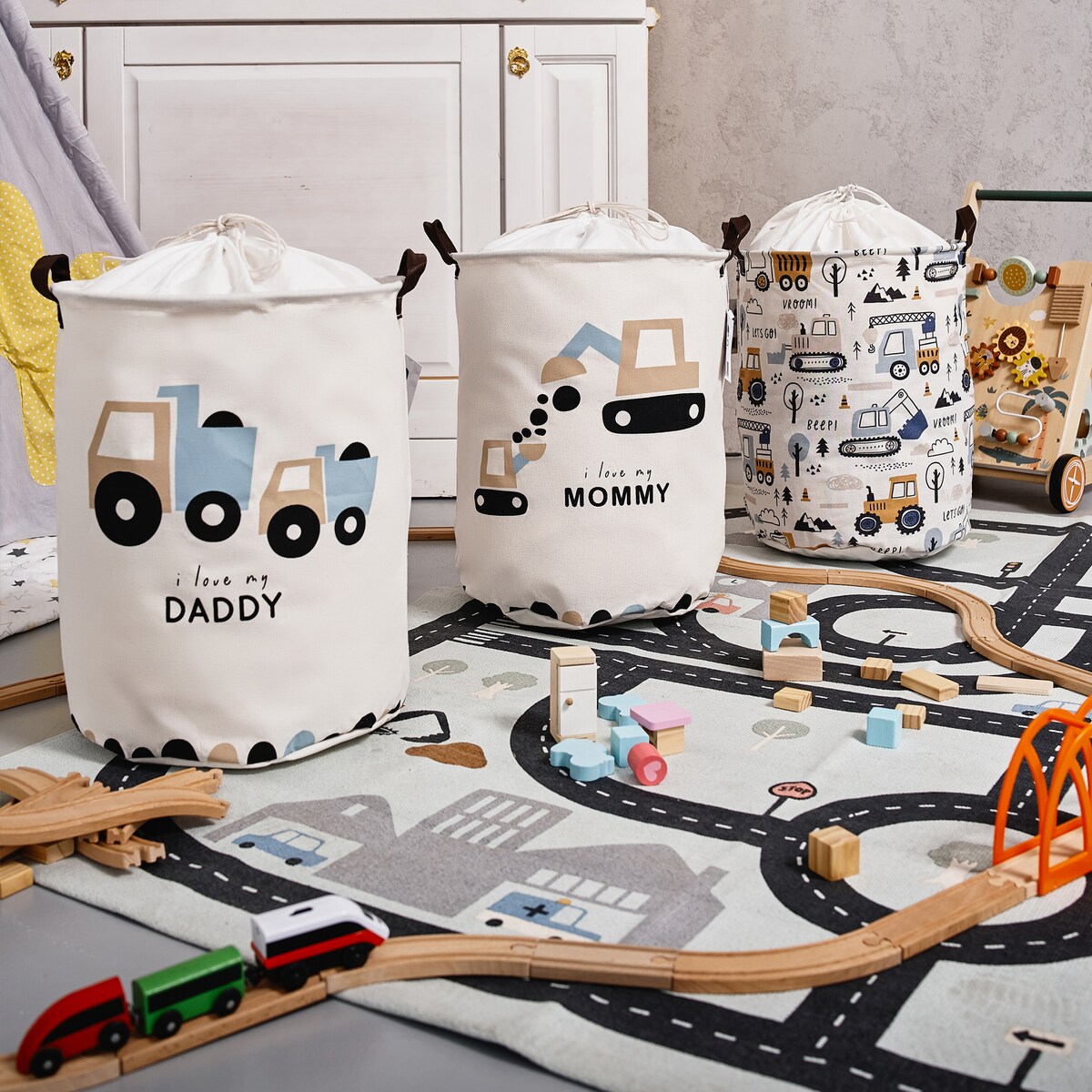 bawełniany kosz na zabawki sipo, zamykany na ściągacz, koparki, xl