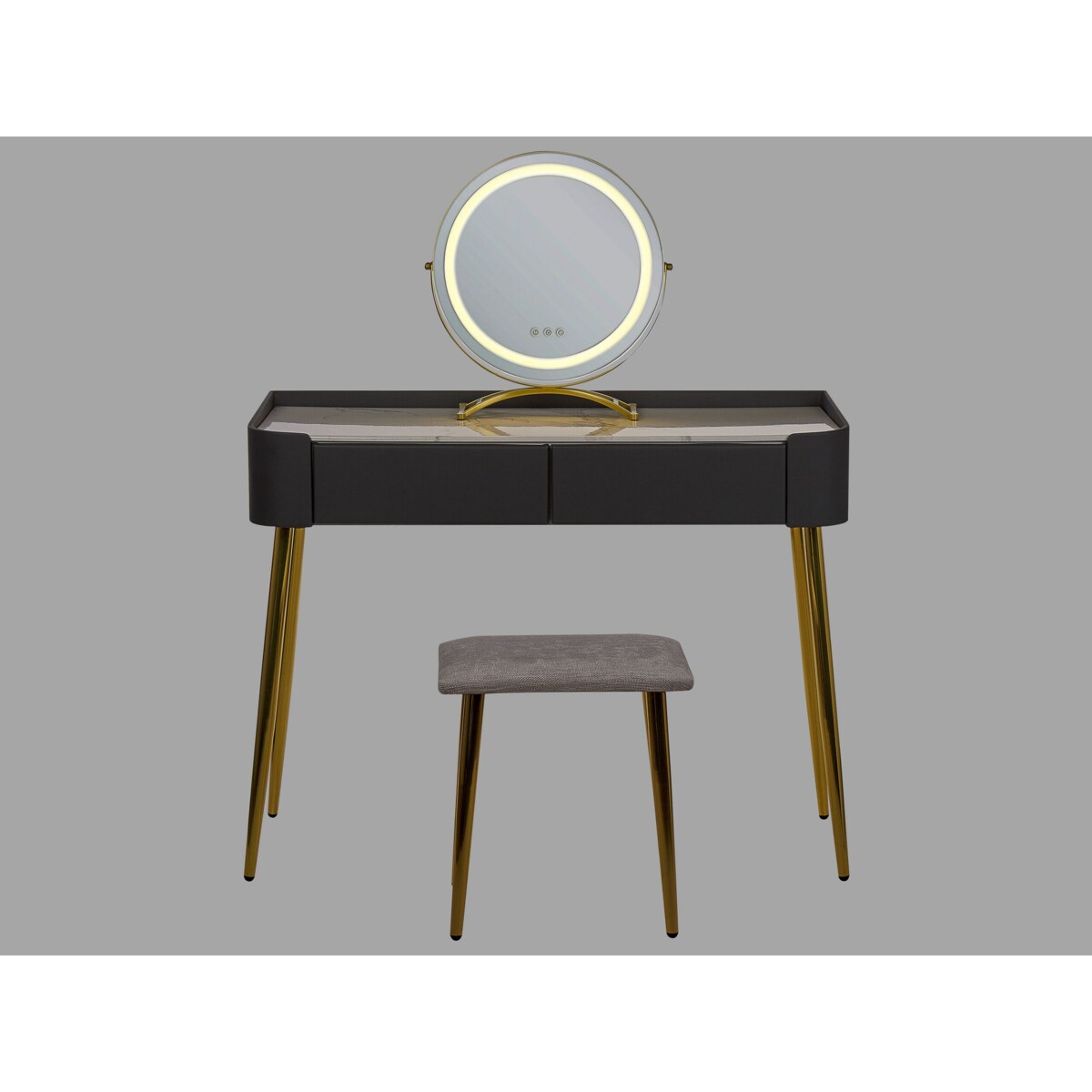 Toaletka 2 szuflady lustro LED ze stołkiem szaro-złota SURIN