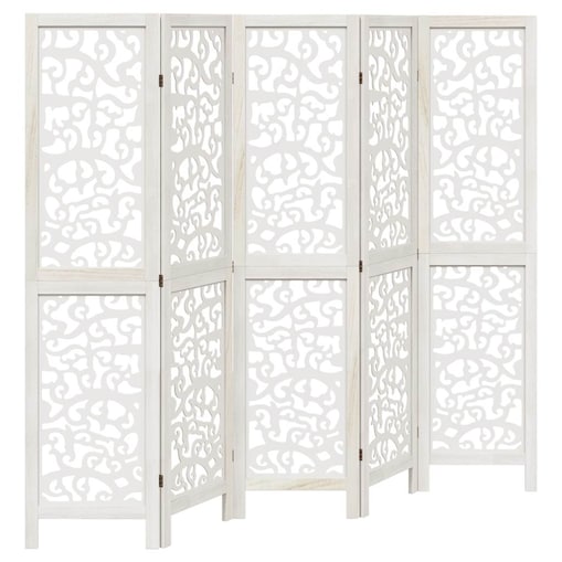 vidaXL Parawan pokojowy, 5-panelowy, biały, lite drewno paulowni